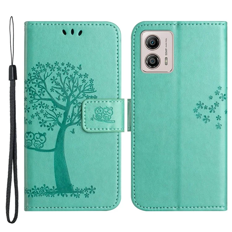 Para Motorola Moto G53 5G / G23 4G / G13 4G Funda con Soporte para Teléfono Diseño de Búho y Árbol Impreso en Piel Sintética PU Billetera Funda para Teléfono - Cian
