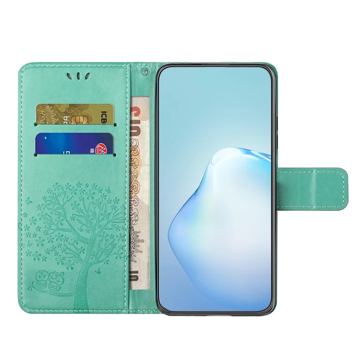 Para Motorola Moto G53 5G / G23 4G / G13 4G Funda con Soporte para Teléfono Diseño de Búho y Árbol Impreso en Piel Sintética PU Billetera Funda para Teléfono - Cian