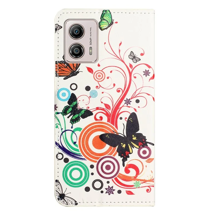 Para Motorola Moto G53 5G / G23 4G / G13 4G Funda de teléfono con soporte de cuero PU con estampado - Blanco / Mariposas