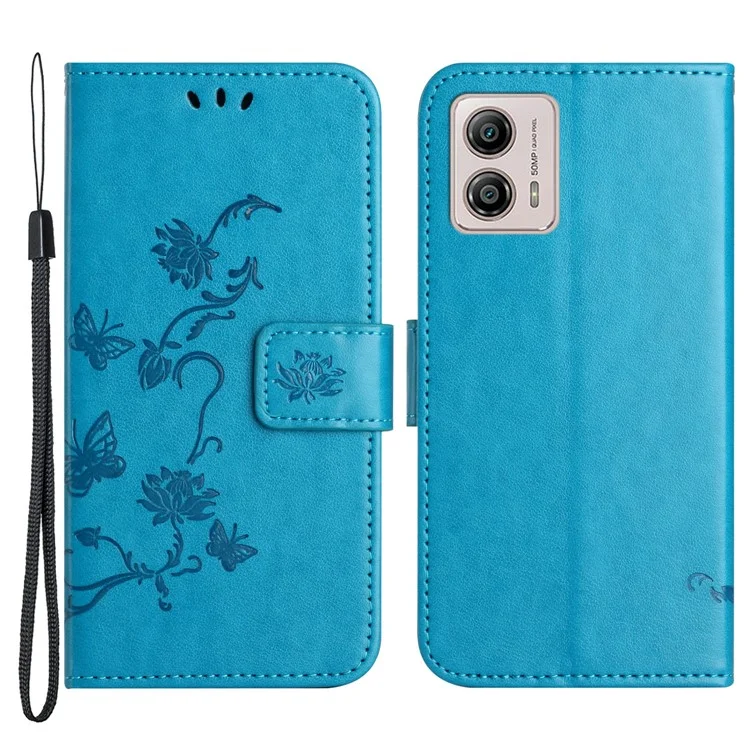 Funda de cuero con mariposa y flor grabada para Motorola Moto G53 5G / G23 4G / G13 4G Funda de teléfono con soporte y correa - Azul 