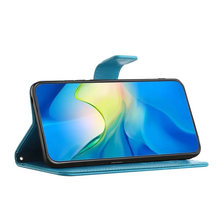 Funda de cuero con mariposa y flor grabada para Motorola Moto G53 5G / G23 4G / G13 4G Funda de teléfono con soporte y correa - Azul 