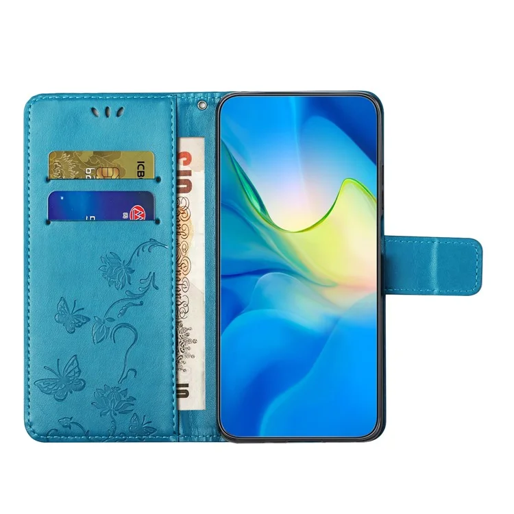 Funda de cuero con mariposa y flor grabada para Motorola Moto G53 5G / G23 4G / G13 4G Funda de teléfono con soporte y correa - Azul 