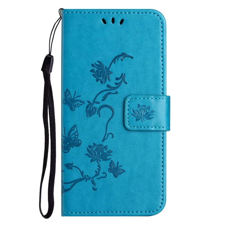 Funda de cuero con mariposa y flor grabada para Motorola Moto G53 5G / G23 4G / G13 4G Funda de teléfono con soporte y correa - Azul 