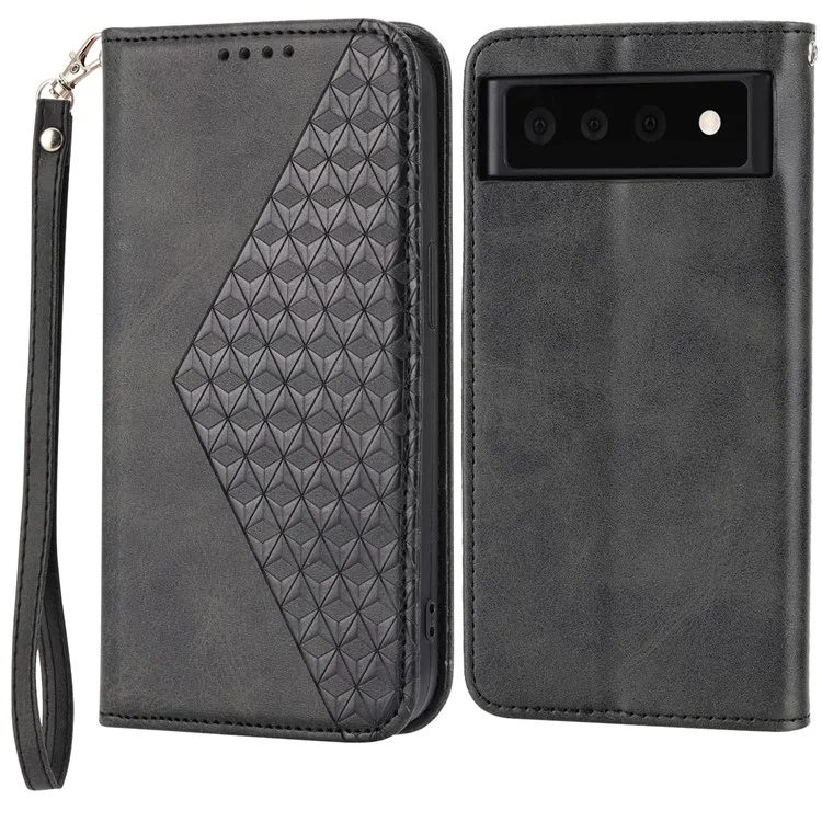 Estuche tipo cartera para Google Pixel 7a, diseño de patrón de rombos estampado, textura de piel de ternera PU, funda de teléfono con soporte - Negro