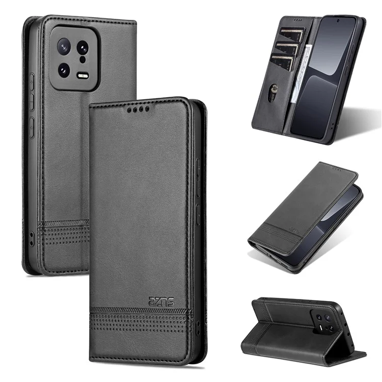 AZNS Pour Xiaomi 13 5G Étui Flip en Cuir Portefeuille Avec Support - Texture de Cuir de Vache Antichocs - Noir