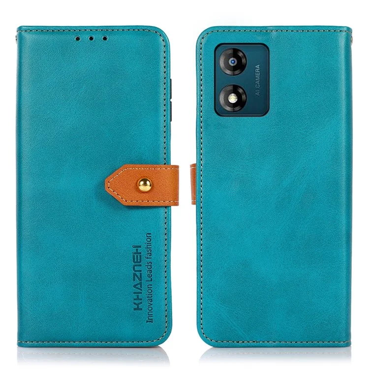 KHAZNEH Für Motorola Moto E13 4G Smartphone Brieftasche Hülle Rindsleder-Textur PU-Leder Goldschnalle Ständer Telefonabdeckung - Blau
