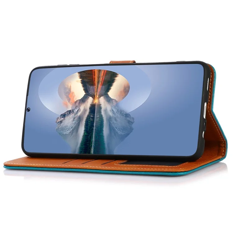 KHAZNEH Für Motorola Moto E13 4G Smartphone Brieftasche Hülle Rindsleder-Textur PU-Leder Goldschnalle Ständer Telefonabdeckung - Blau