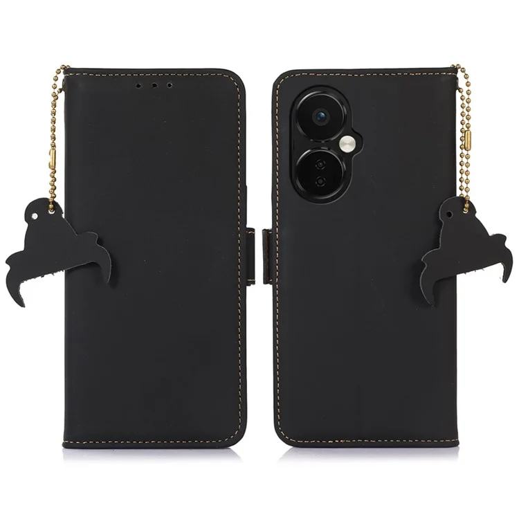 Per OnePlus Nord CE 3 Lite 5G / Nord N30 5G Custodia in vera pelle bovina Flip Stand Cover con portafoglio RFID Blocking - Nero