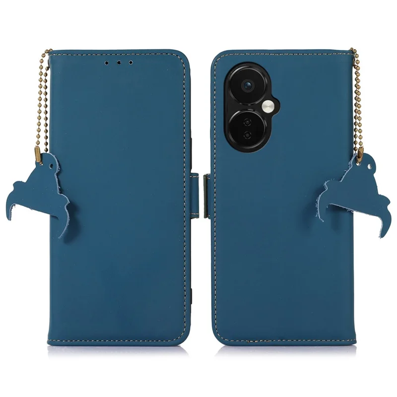 Для OnePlus Nord CE 3 Lite 5G / Nord N30 5G Genuine Cow Leather Phone Case Flip Stand Cover with RFID Blocking Wallet - Blue