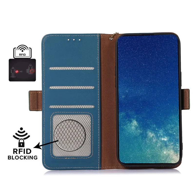 Для OnePlus Nord CE 3 Lite 5G / Nord N30 5G Genuine Cow Leather Phone Case Flip Stand Cover with RFID Blocking Wallet - Blue