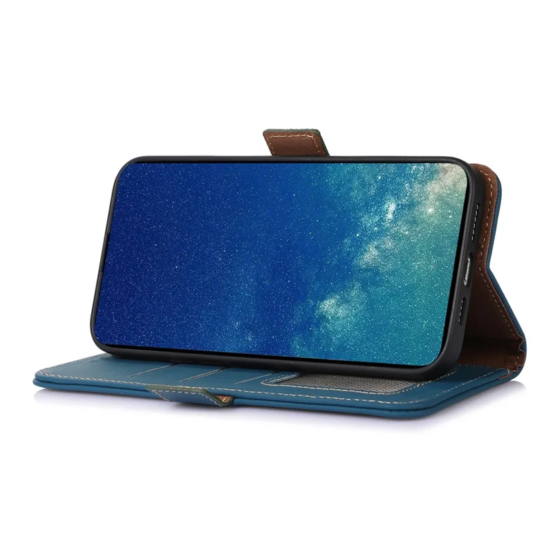 Для OnePlus Nord CE 3 Lite 5G / Nord N30 5G Genuine Cow Leather Phone Case Flip Stand Cover with RFID Blocking Wallet - Blue
