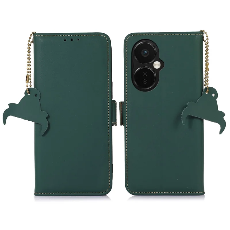For OnePlus Nord CE 3 Lite 5G / Nord N30 5G Genuine Cow Leather Phone Case Flip Stand Cover with RFID Blocking Wallet - Green