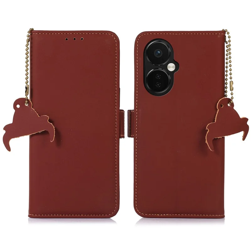 For OnePlus Nord CE 3 Lite 5G / Nord N30 5G Genuine Cow Leather Phone Case Flip Stand Cover with RFID Blocking Wallet - Coffee