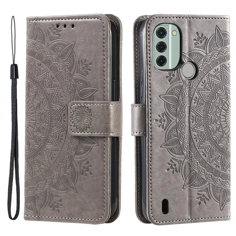 For Nokia C31 4G Mobile Phone Shell Imprinted Mandala Flower Pattern Wallet Stand Phone Cover Case with Strap - Grey