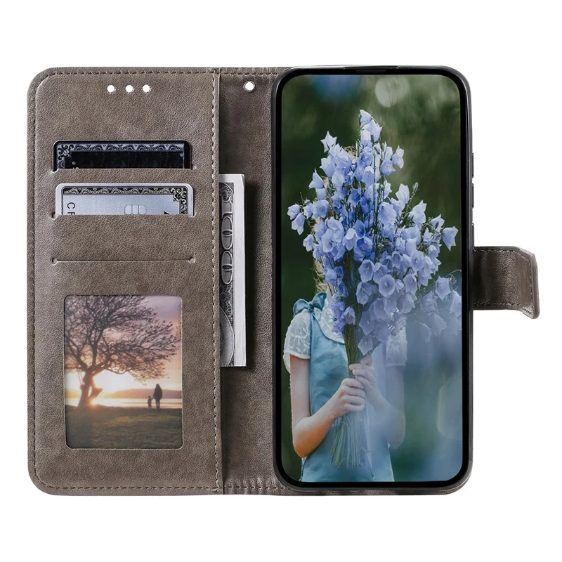 For Nokia C31 4G Mobile Phone Shell Imprinted Mandala Flower Pattern Wallet Stand Phone Cover Case with Strap - Grey