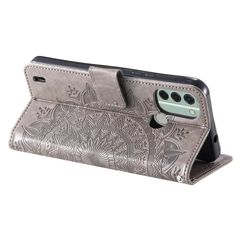 For Nokia C31 4G Mobile Phone Shell Imprinted Mandala Flower Pattern Wallet Stand Phone Cover Case with Strap - Grey