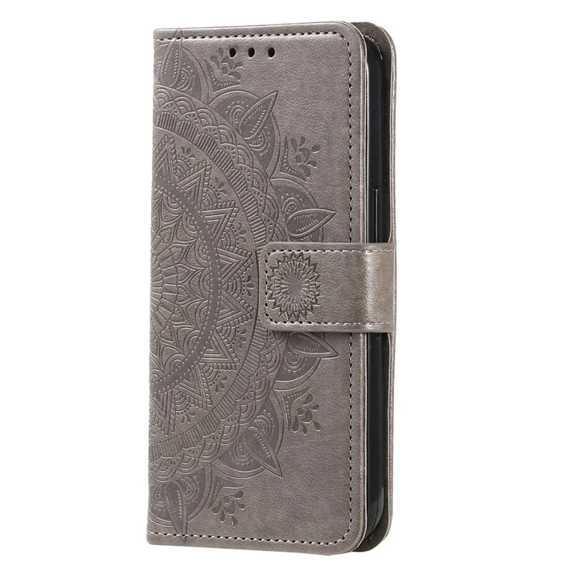 For Nokia C31 4G Mobile Phone Shell Imprinted Mandala Flower Pattern Wallet Stand Phone Cover Case with Strap - Grey