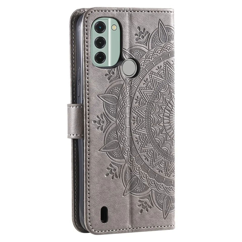 For Nokia C31 4G Mobile Phone Shell Imprinted Mandala Flower Pattern Wallet Stand Phone Cover Case with Strap - Grey