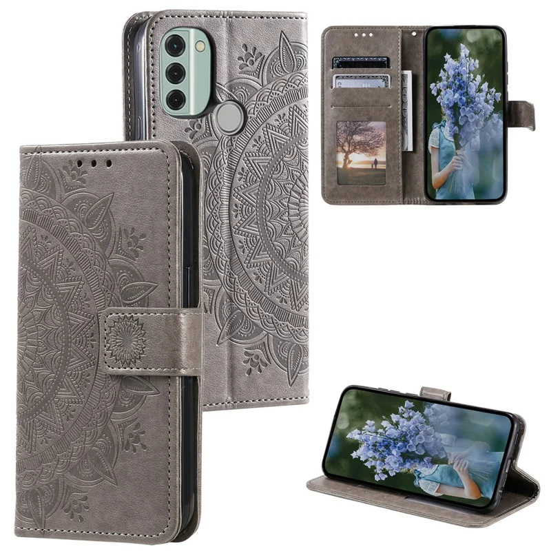 For Nokia C31 4G Mobile Phone Shell Imprinted Mandala Flower Pattern Wallet Stand Phone Cover Case with Strap - Grey