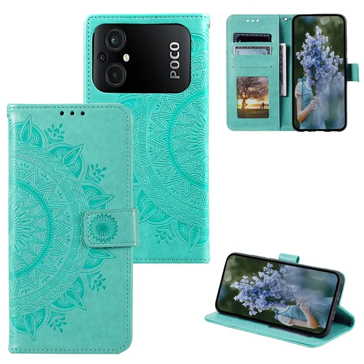 Custodia per telefono in TPU + pelle PU per Xiaomi Poco M5 4G, portafoglio Stand con motivo floreale a mandala stampato, cover per telefono con tracolla - Verde
