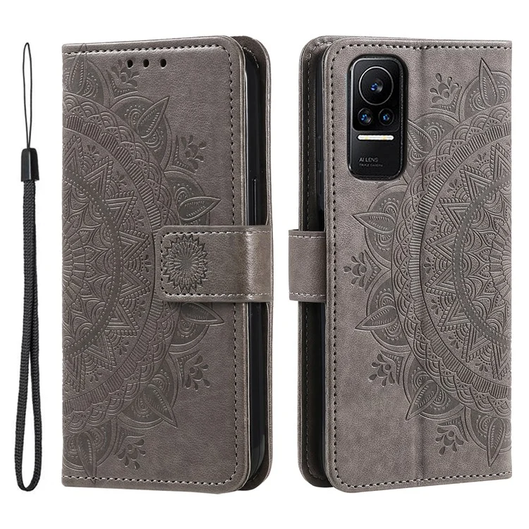Para Xiaomi 13 Lite / Civi 2 5G Funda de teléfono de piel con estampado de flor de mandala, con cartera y soporte - Gris