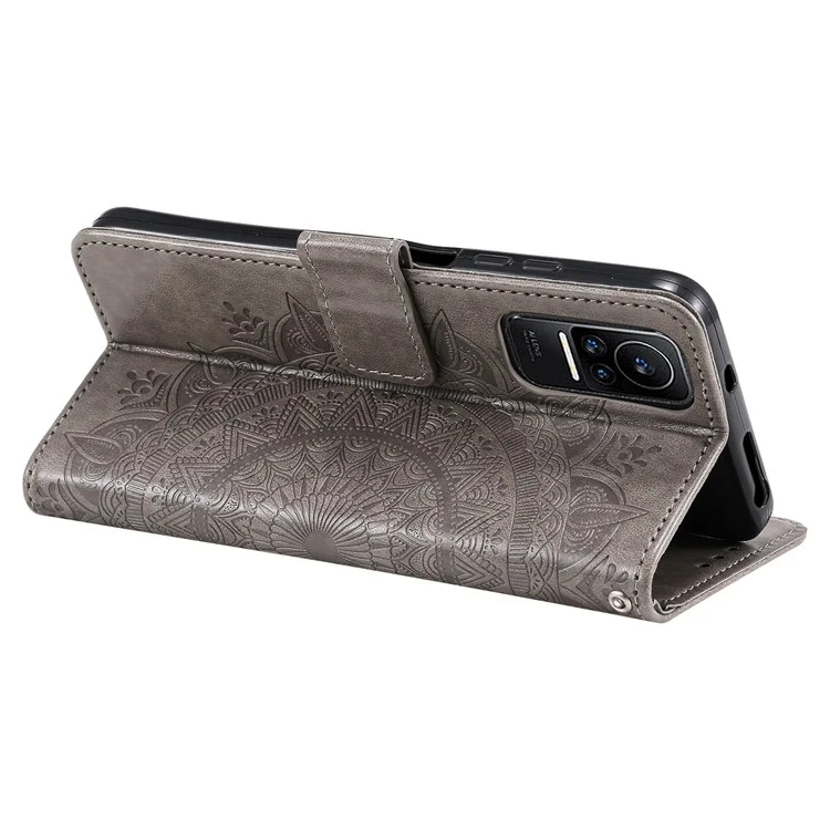 Para Xiaomi 13 Lite / Civi 2 5G Funda de teléfono de piel con estampado de flor de mandala, con cartera y soporte - Gris
