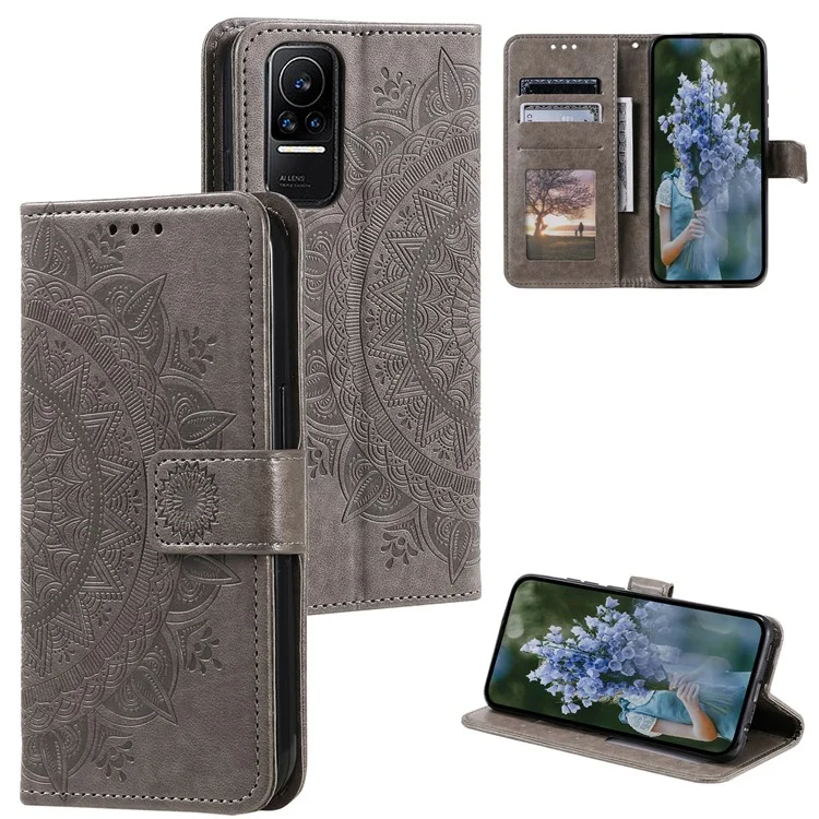 Para Xiaomi 13 Lite / Civi 2 5G Funda de teléfono de piel con estampado de flor de mandala, con cartera y soporte - Gris