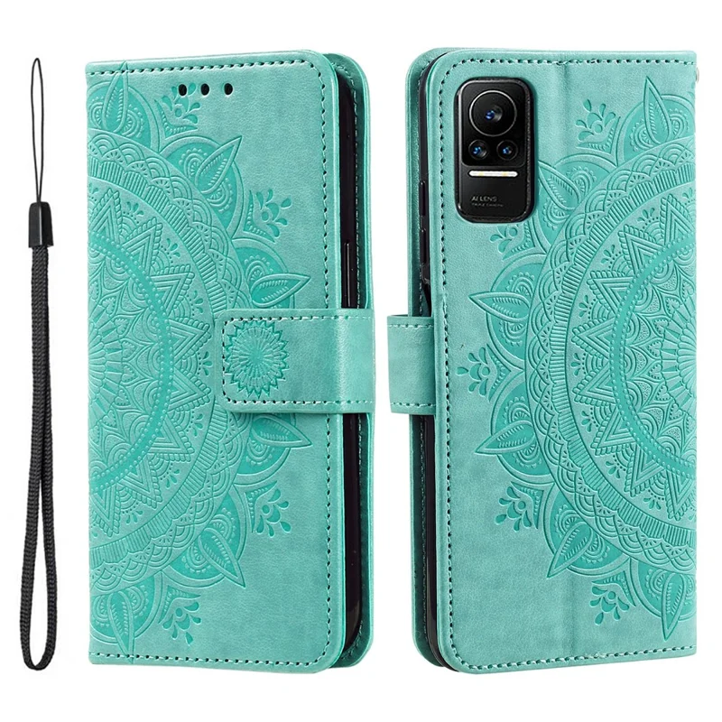 For Xiaomi 13 Lite / Civi 2 5G Imprinted Mandala Flower Pattern Leather Phone Case Wallet Stand Phone Cover with Strap - Green