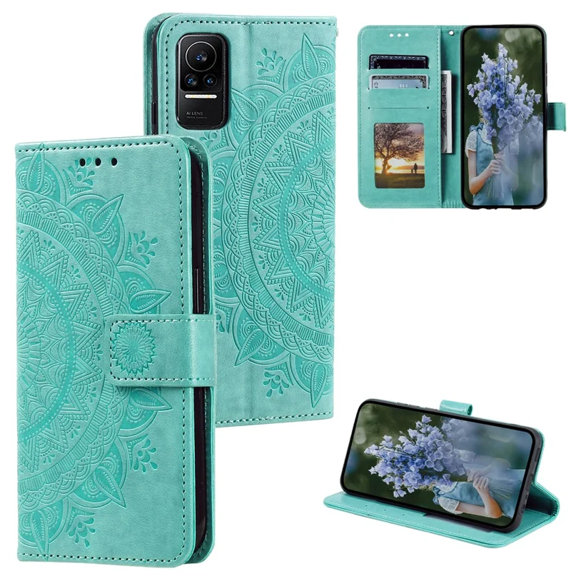 For Xiaomi 13 Lite / Civi 2 5G Imprinted Mandala Flower Pattern Leather Phone Case Wallet Stand Phone Cover with Strap - Green