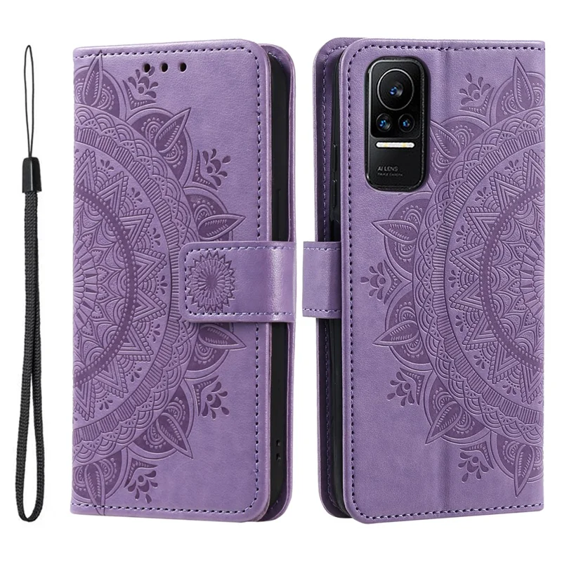 For Xiaomi 13 Lite / Civi 2 5G Imprinted Mandala Flower Pattern Leather Phone Case Wallet Stand Phone Cover with Strap - Purple
