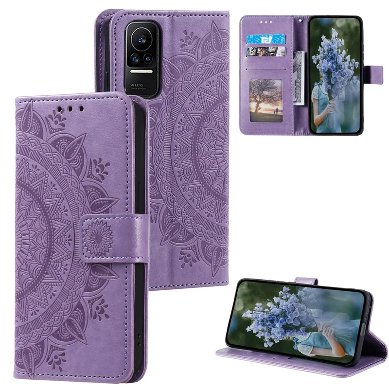 For Xiaomi 13 Lite / Civi 2 5G Imprinted Mandala Flower Pattern Leather Phone Case Wallet Stand Phone Cover with Strap - Purple