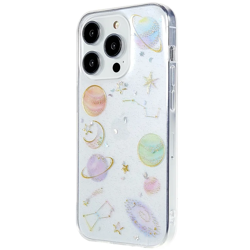 For iPhone 14 Pro Max Epoxy Mobile Phone Case Star Planet Pattern Soft TPU Shockproof Back Cover - White