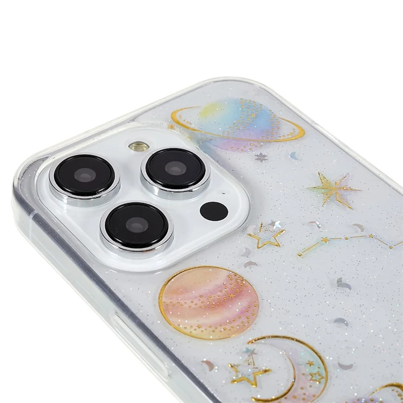 For iPhone 14 Pro Soft TPU Phone Case Star Planet Pattern Epoxy Protective Back Cover - White