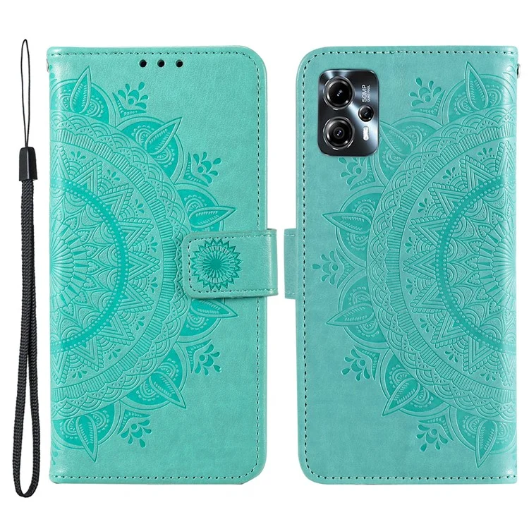 Étui en cuir pour Motorola Moto G13 4G / G23 4G, motif mandala en fleur imprimé, étui portefeuille avec support et sangle - vert