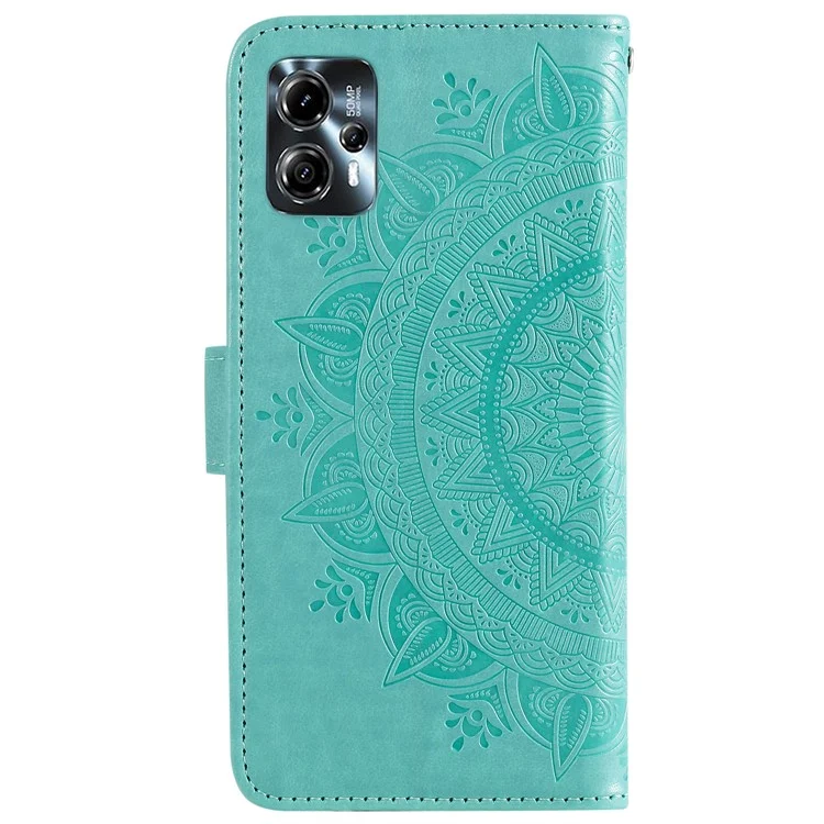 Étui en cuir pour Motorola Moto G13 4G / G23 4G, motif mandala en fleur imprimé, étui portefeuille avec support et sangle - vert