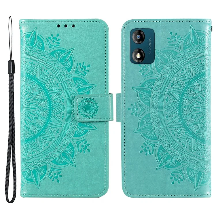 For Motorola Moto E13 4G Mobile Phone Case Imprinted Mandala Flower Pattern Wallet Stand Phone Cover with Strap - Green