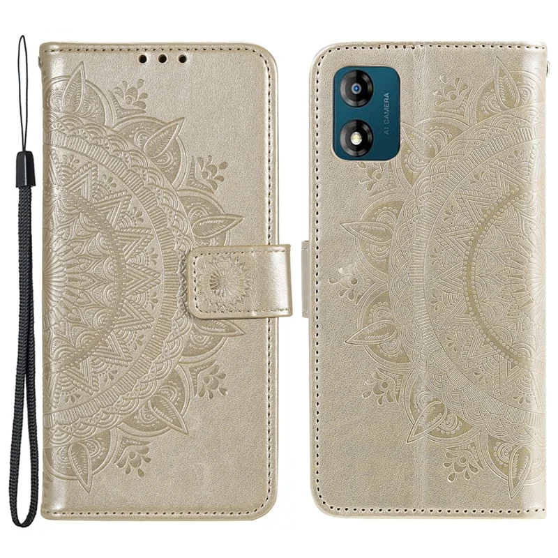 For Motorola Moto E13 4G Mobile Phone Case Imprinted Mandala Flower Pattern Wallet Stand Phone Cover with Strap - Gold