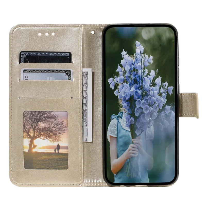 For Motorola Moto E13 4G Mobile Phone Case Imprinted Mandala Flower Pattern Wallet Stand Phone Cover with Strap - Gold