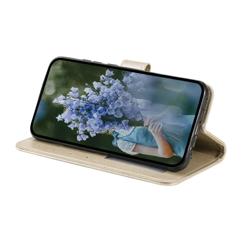 For Motorola Moto E13 4G Mobile Phone Case Imprinted Mandala Flower Pattern Wallet Stand Phone Cover with Strap - Gold