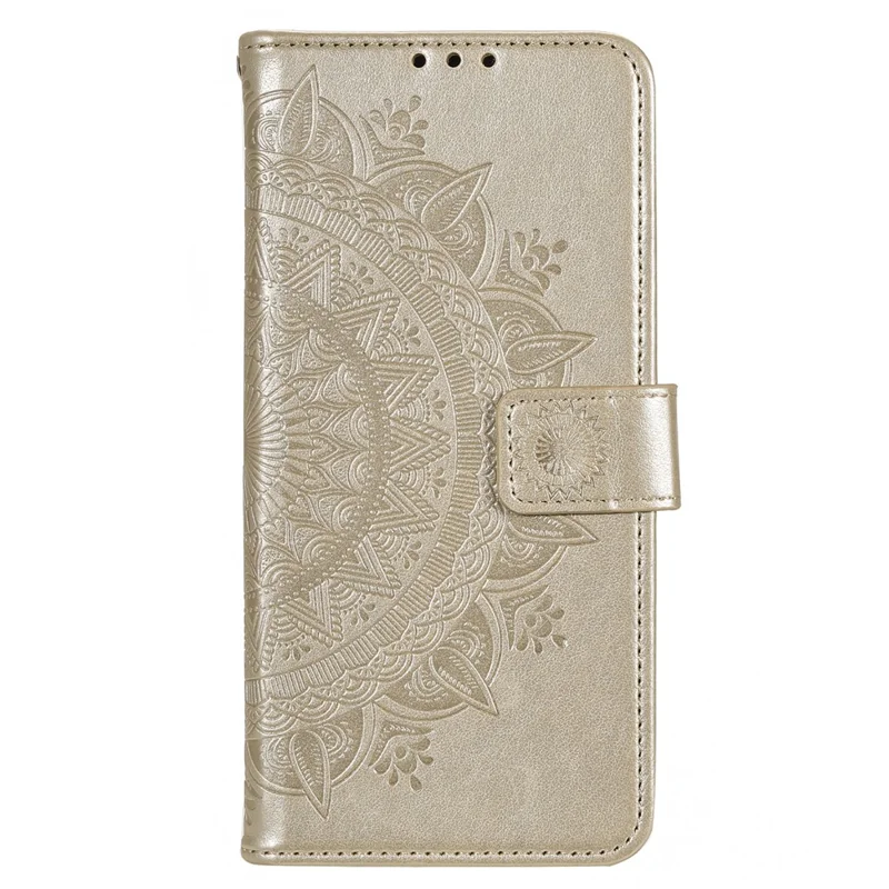 For Motorola Moto E13 4G Mobile Phone Case Imprinted Mandala Flower Pattern Wallet Stand Phone Cover with Strap - Gold