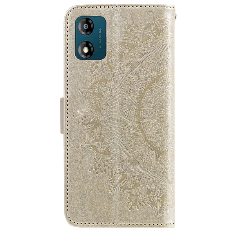 For Motorola Moto E13 4G Mobile Phone Case Imprinted Mandala Flower Pattern Wallet Stand Phone Cover with Strap - Gold