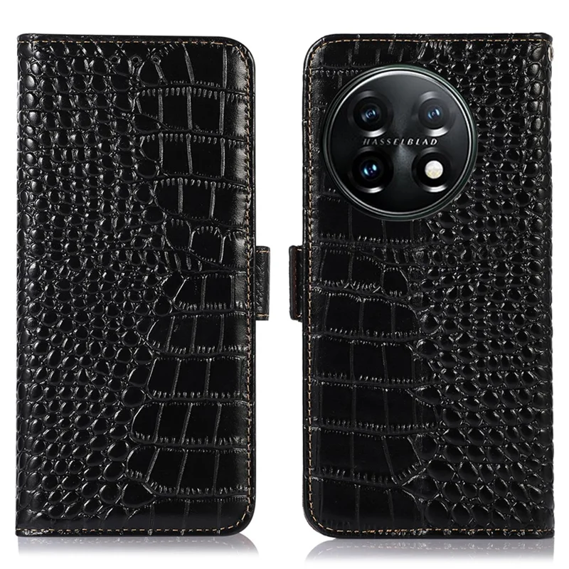 Phone Wallet Case for OnePlus 11 5G, RFID Blocking Crocodile Texture Genuine Cowhide Leather Stand Phone Cover - Black