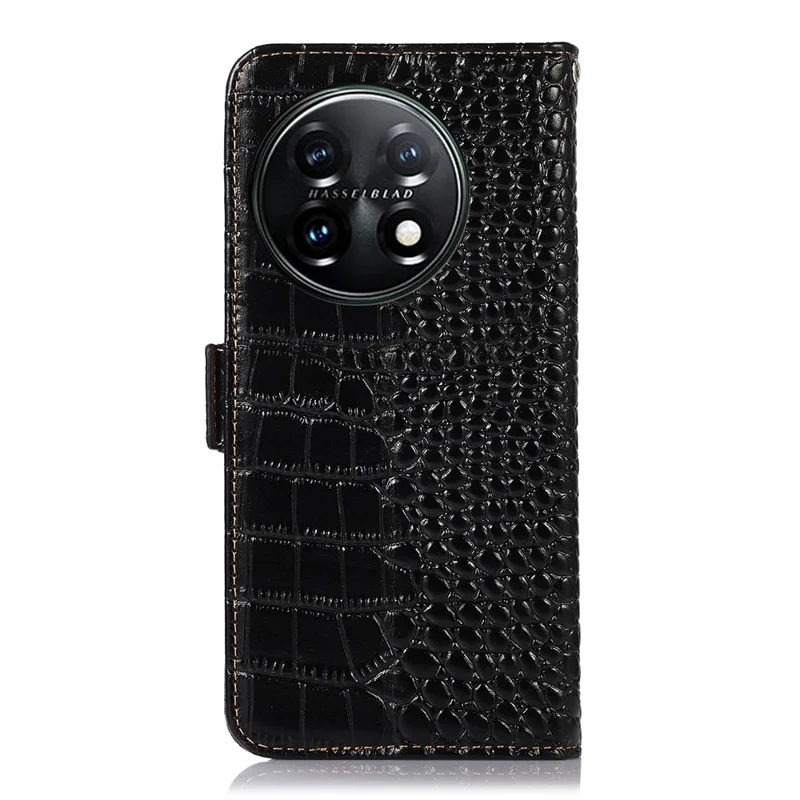 Phone Wallet Case for OnePlus 11 5G, RFID Blocking Crocodile Texture Genuine Cowhide Leather Stand Phone Cover - Black