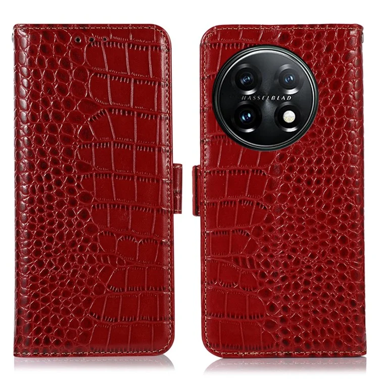 Funda de billetera para teléfono para OnePlus 11 5G, funda de teléfono plegable de cuero genuino de vaca con textura de cocodrilo y bloqueo RFID - Rojo