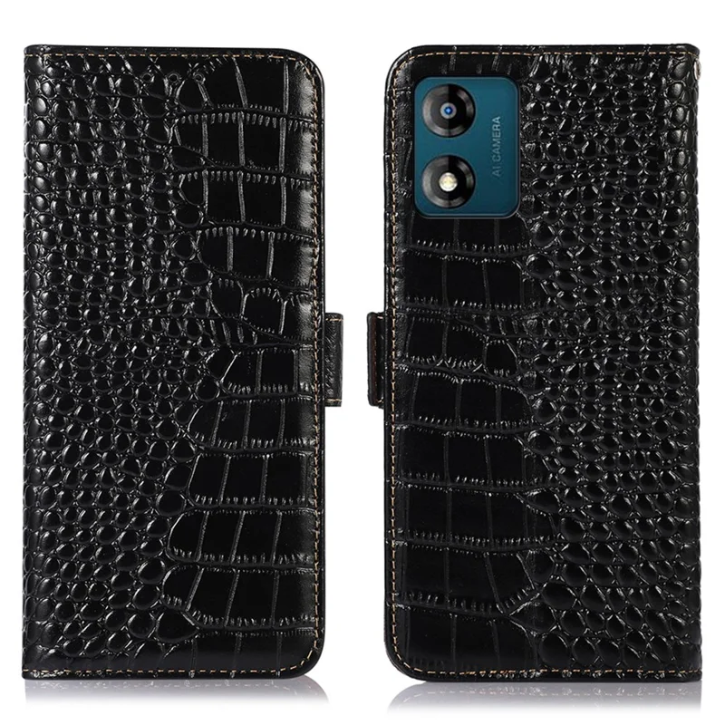 RFID Blocking Phone Stand Case for Motorola Moto E13 4G, Crocodile Texture Genuine Cowhide Leather Wallet Phone Cover - Black