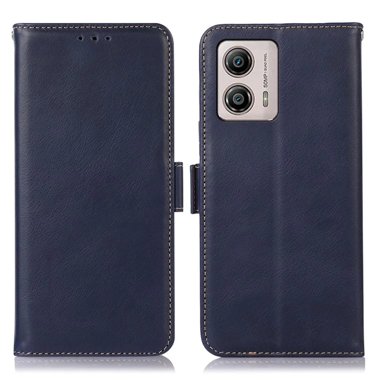 Pour Motorola Moto G53 5G RFID Blocking Protective Phone Case Genuine Cowhide Leather Phone Cover with Wallet Stand - Bleu