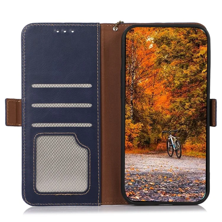 Pour Motorola Moto G53 5G RFID Blocking Protective Phone Case Genuine Cowhide Leather Phone Cover with Wallet Stand - Bleu