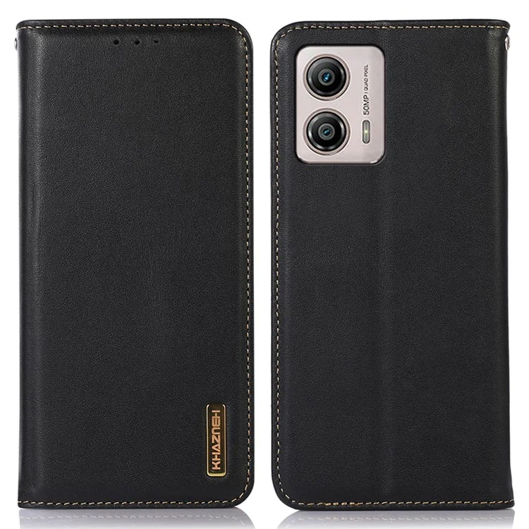 KHAZNEH для Motorola Moto G53 5G Nappa Texture Shockproof Phone Case Genuine Cowhide Leather Flip Wallet Cover Stand - Черный