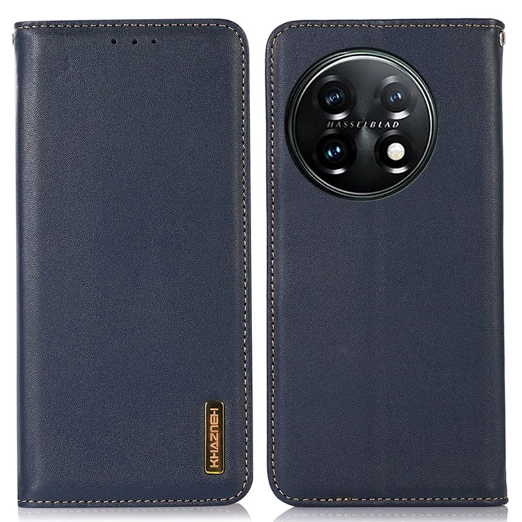KHAZNEH Anti-drop Phone Cover Für OnePlus 11 5G Echtes Kalbsleder Nappa-Textur Ständer Geldbörse Schutzhülle - Blau