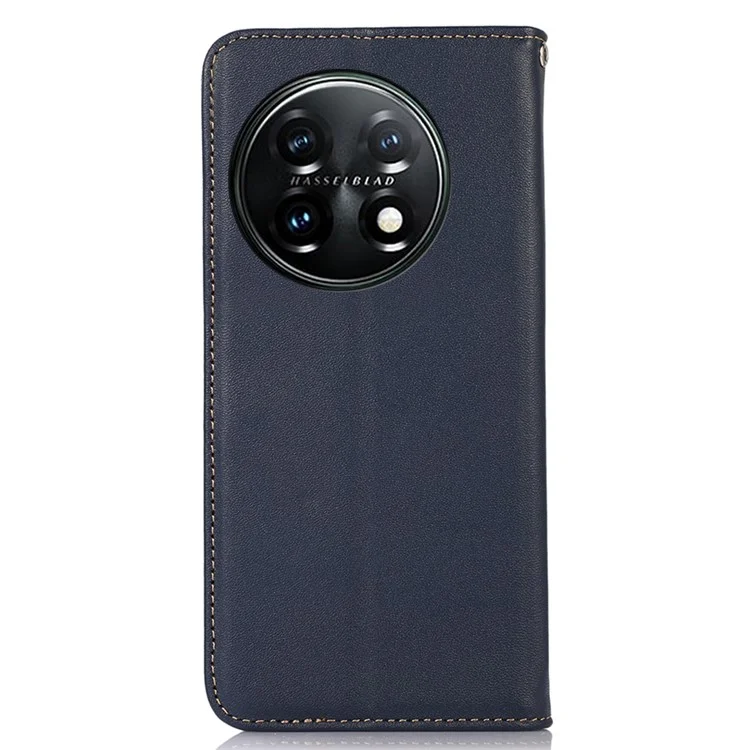 KHAZNEH Anti-drop Phone Cover Für OnePlus 11 5G Echtes Kalbsleder Nappa-Textur Ständer Geldbörse Schutzhülle - Blau